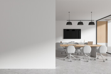 Modern office space with meeting table, chairs, and blank wall as mockup template for design layout. 3D Rendering