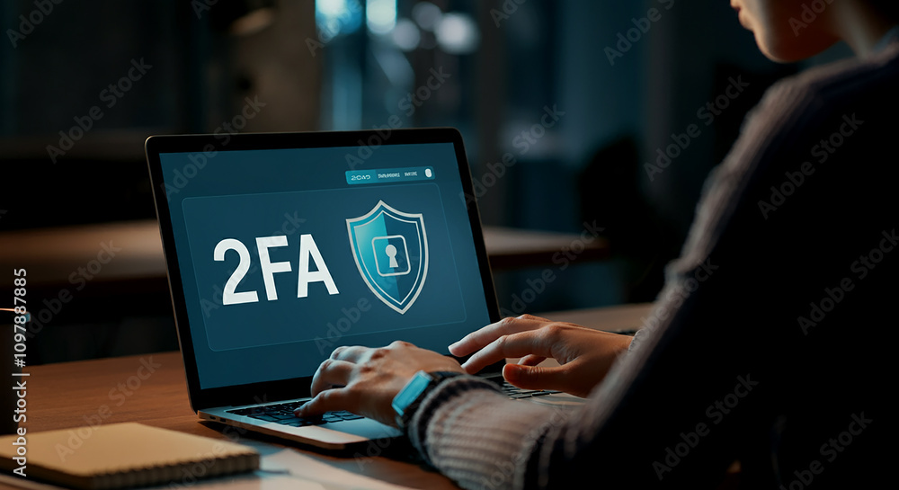 Poster cybersecurity two-factor authentication. individual utilizing a laptop with a digital screen that sh