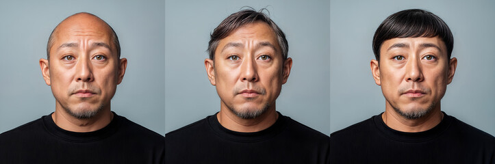 Fototapeta premium before and after hairstyle transformation of bald middle-aged asian man
