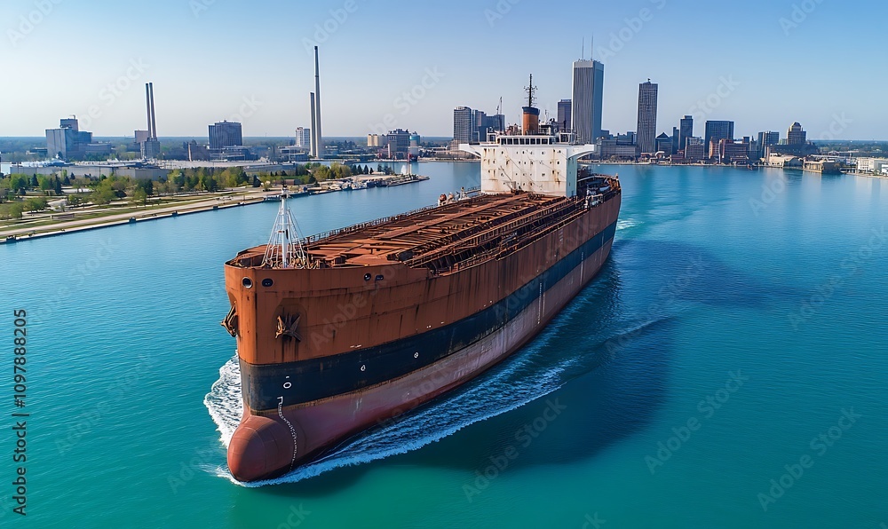 Poster aerial view of a large ship navigating through a calm harbor with a city skyline in the background.