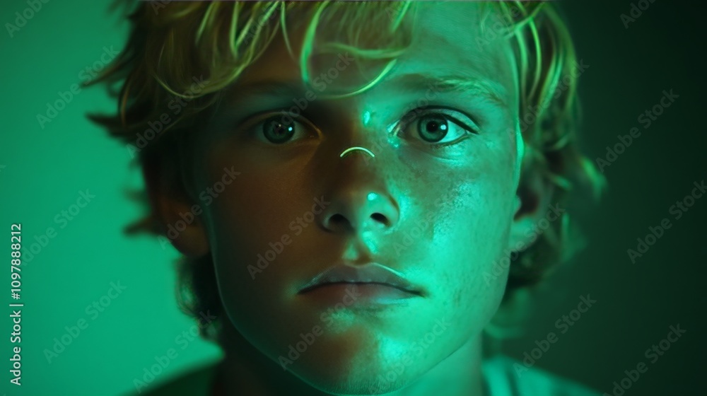 Poster portrait of a young man with glowing green mesh like facial elements symbolizing neural networks cyb