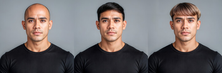 Fototapeta premium Three portraits of the same young bald man before and after wig or hairstyle change
