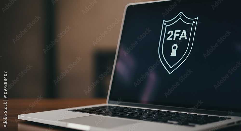 Poster cybersecurity two-factor authentication. individual utilizing a laptop with a digital screen that sh