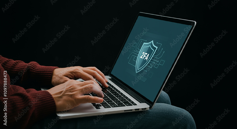 Poster cybersecurity two-factor authentication. individual utilizing a laptop with a digital screen that sh