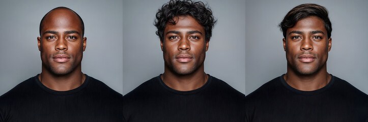 Fototapeta premium Three portraits of a bald black man tshirt with hairstyle transformations