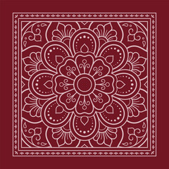 Circular pattern in form of mandala with flower for Henna, Mehndi, decoration. Red decorative ornament in ethnic oriental style for a bandana. Outline doodle hand draw vector illustration.