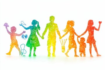 Obraz premium Rainbow family silhouettes holding hands, joyful.