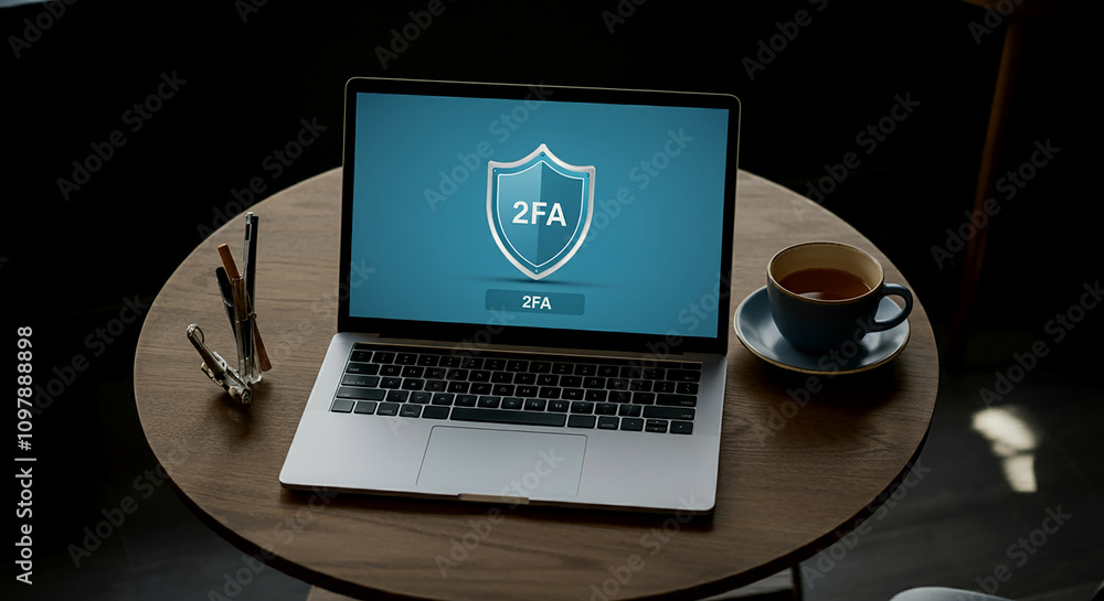 Poster cybersecurity two-factor authentication. individual utilizing a laptop with a digital screen that sh