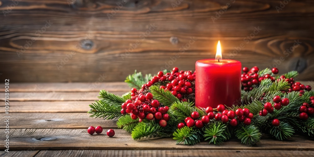 Poster a single red candle burns brightly in a festive wreath adorned with evergreen branches and vibrant r
