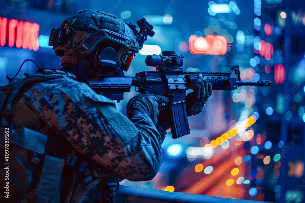 Poster man in a camouflage uniform is holding a rifle and looking at the camera. the image has a mood of te