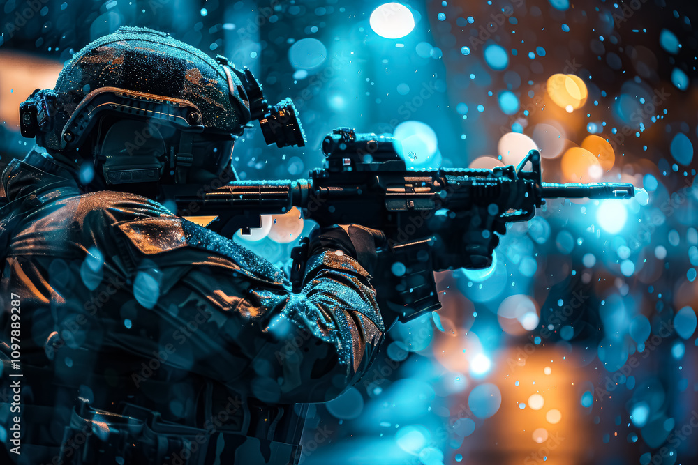 Poster man in a camouflage uniform is holding a rifle and looking at the camera. the image has a mood of te