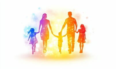 Obraz premium Colorful family silhouette, joyful, holding hands.