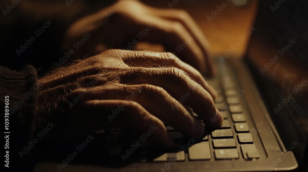 Poster close-up of hands typing on laptop keyboard in low light.
