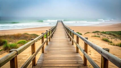 Obraz premium A wooden boardwalk leading to the misty ocean with soft waves rolling in on a sandy beach