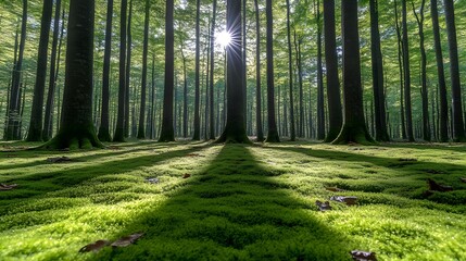 Obraz premium Sunlight filtering through a vibrant green forest, casting long shadows on mossy ground.