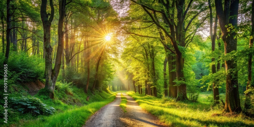 Poster a winding path through a vibrant forest, sunlight streams through the canopy, casting long shadows o