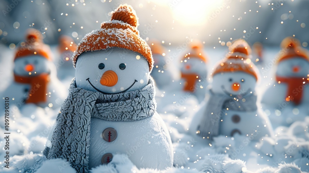 Poster snow scape in winter. snowmen with hats and scarfs. they have carrots for noses. they have buttons f