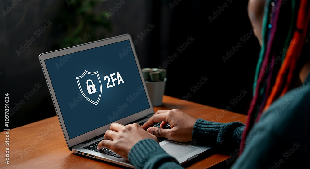 Poster cybersecurity two-factor authentication. individual utilizing a laptop with a digital screen that sh
