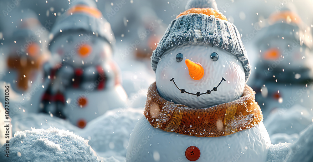 Poster snow scape in winter. snowmen with hats and scarfs. they have carrots for noses. they have buttons f
