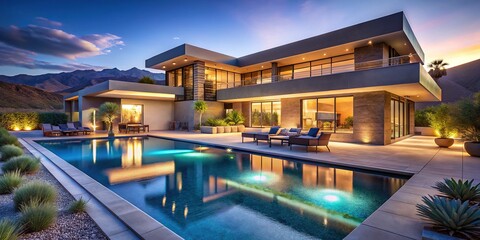 Fototapeta premium Modern Desert Mansion Pool Night - High Detail, Deep Focus