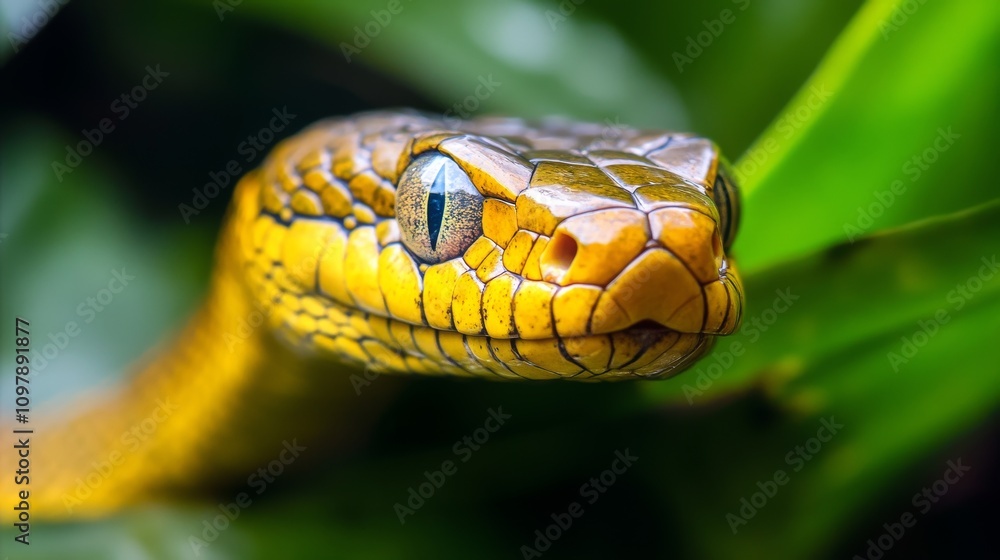 Poster a striking close-up of a yellow snake's head, highlighting the intricate scales and piercing eye aga