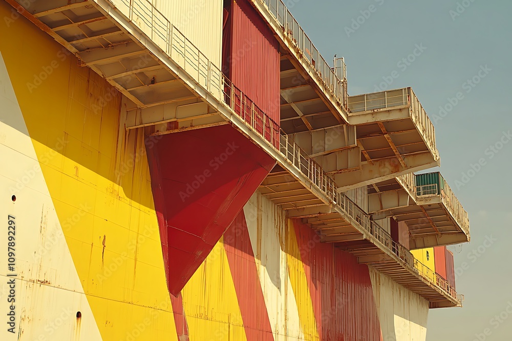 Poster a close-up view of a colorful industrial structure with geometric patterns and balconies.