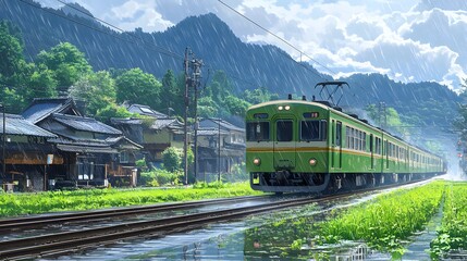 Obraz premium A green commuter train travels through a rain-soaked countryside landscape.