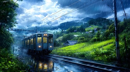 Obraz premium A serene blue train travels through a lush green landscape during a rainstorm.