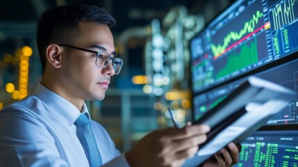 Financial Analyst Reviewing Energy Stock Market Trends on Monitors