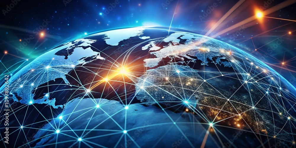 Poster high depth of field background illustrating global connectivity with futuristic technology, featurin