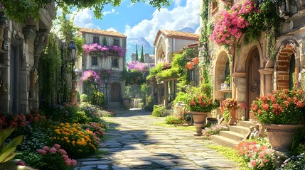 Fototapeta premium Charming village street adorned with vibrant flowers and lush greenery.