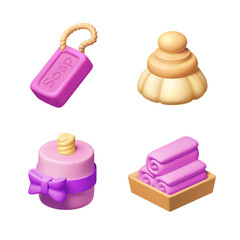 Set of spa icons, soap, brush, candle and towels in pastel colors