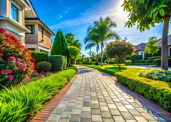 Obraz premium High Depth of Field Image Showcasing Elegant Curbs for Paving Slabs in a Residential Landscape with Lush Greenery and Well-Maintained Pathways