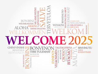 Fototapeta premium WELCOME 2025 word cloud in different languages, conceptual background