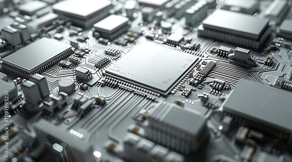 Poster technology chip, high-tech background, clean and concise.