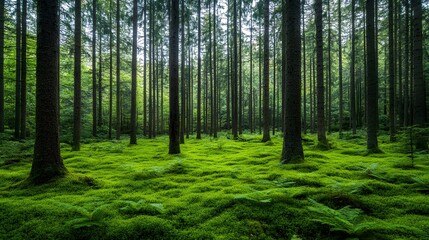 Obraz premium Lush green forest with vibrant moss and tall trees creating a serene atmosphere.