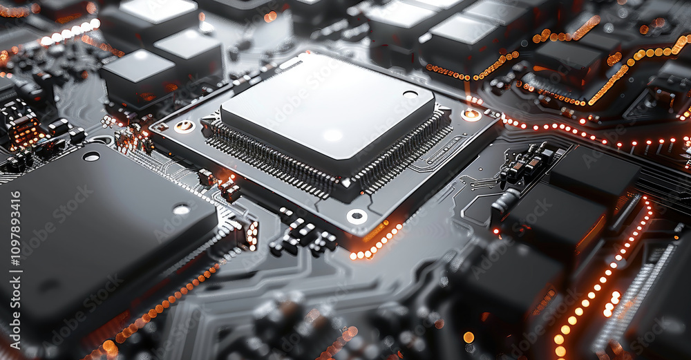 Poster technology chip, high-tech background, clean and concise.