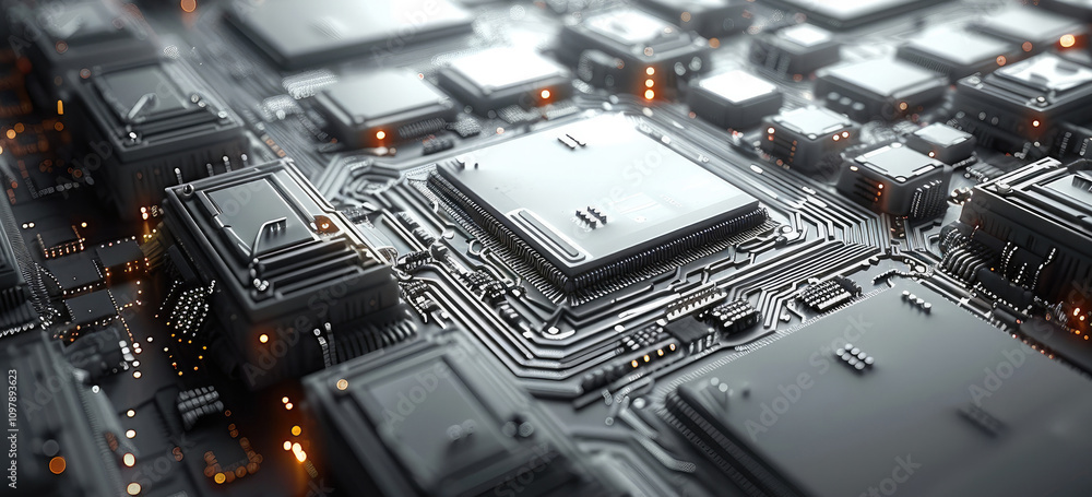 Poster technology chip, high-tech background, clean and concise.
