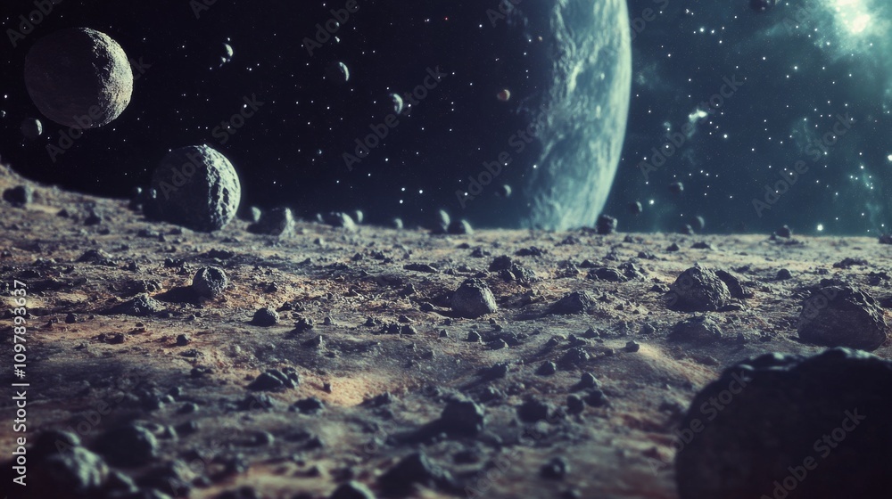 Aufkleber a dynamic scene of asteroids orbiting a distant planet in deep space. the rocky foreground contrasts