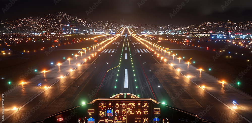 Poster a nighttime landing from the perspective of a cockpit approaching a runway. the runway lights should
