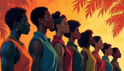 Black History Month celebration poster. BHM Wallpaper. African-American people background in warm colors 2D drawing art style