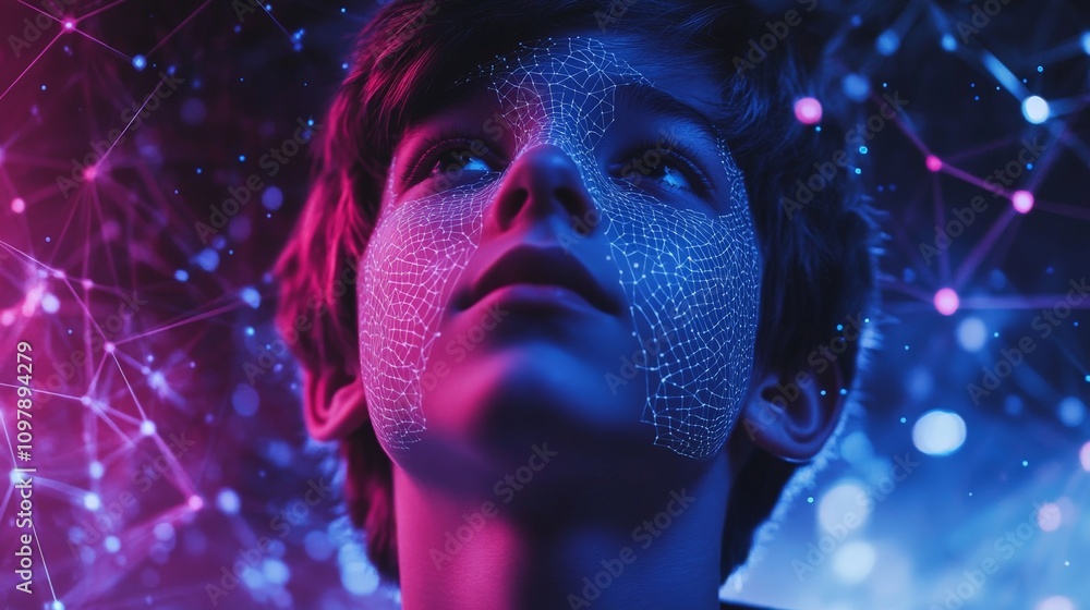 Poster abstract digital art of a man surrounded by glowing purple networks and interconnected nodes emphasi