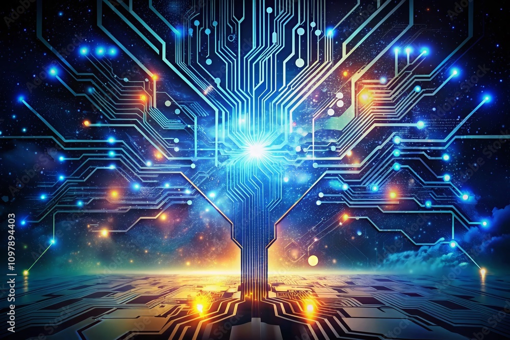 Aufkleber high-tech circuit board technology on a dark blue background with double exposure effect showcasing 