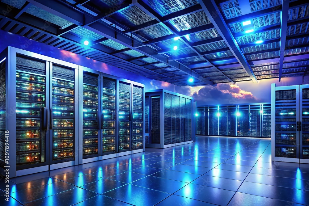 Poster high-tech cloud data center featuring cutting-edge hosting servers and advanced computer equipment f