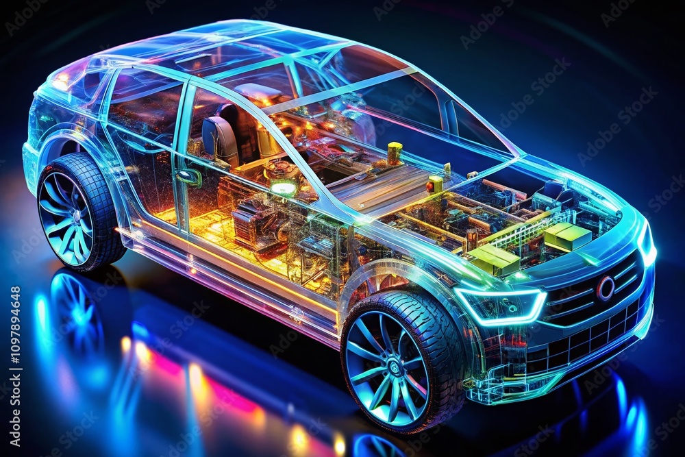 Poster high-tech hologram projection showcasing the intricate structure of an electric car, highlighting ke