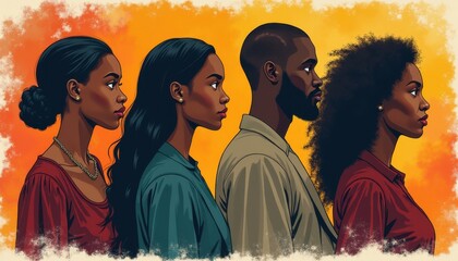 Black History Month celebration poster. BHM Wallpaper. African-American people background in warm colors 2D drawing art style