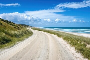 Scenic coastal road winding along sandy beach under blue sky with fluffy clouds