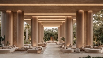 Naklejka premium 3D render of a Japanese-style room with natural textures, wooden beams, and minimal furnishings