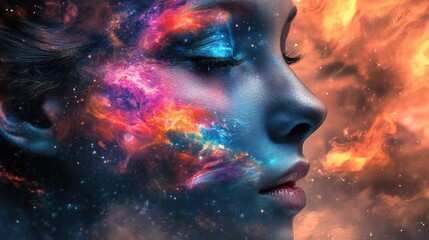 Surreal Close-up Digital Artwork of a Woman with Galaxy Effects