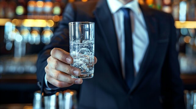 Man in suit holding glass of water, symbolizing sobriety and alcohol safety, amidst bar counter with empty alcohol bottles. - Powered by Adobe
